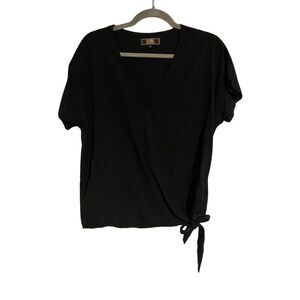 L&B Lucky & Blessed Womens L Black Wrap Blouse With Tie Detail Short Sleeves